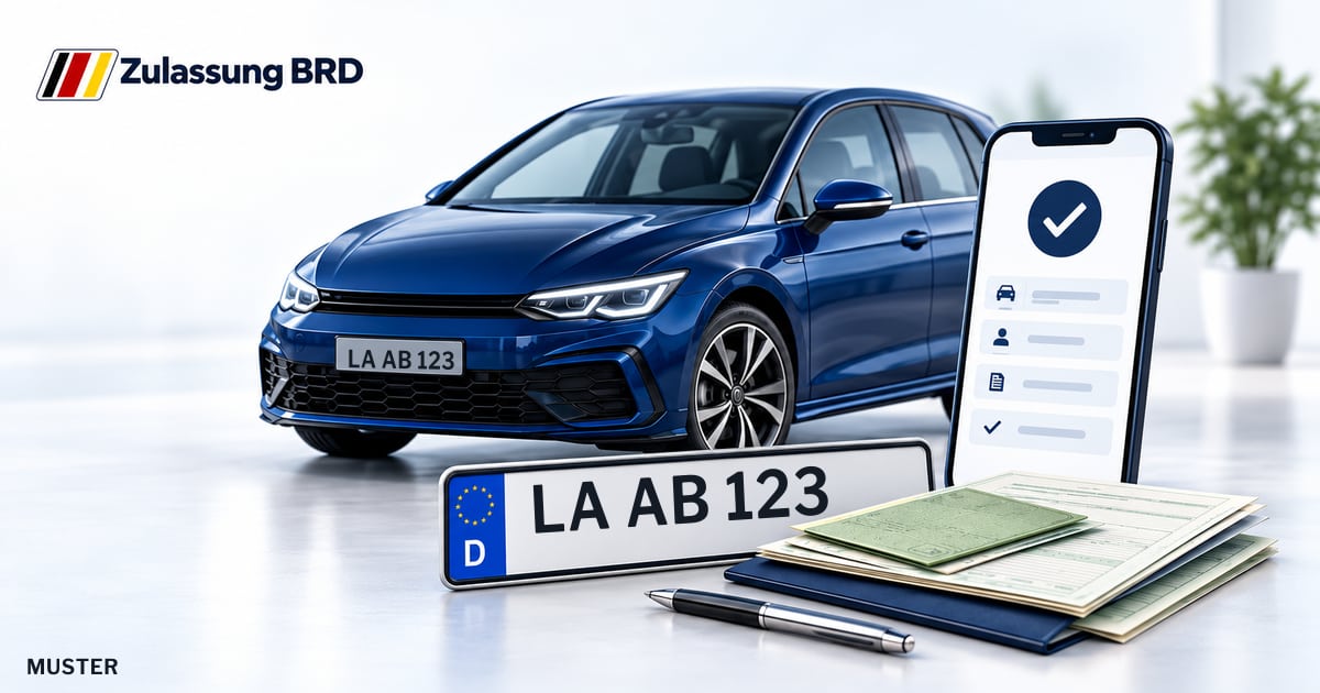 Online Fahrzeugzulassung in Vilsbiburg: Musterkennzeichen LA AB 123, Auto und Fahrzeugpapiere und Smartphone. Illustration mit Logo von Zulassung BRD.